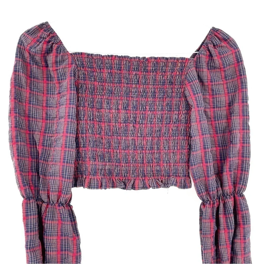ZARA Plaid Cropped Long Sleeve Blouse Top - Picture 3 of 6
